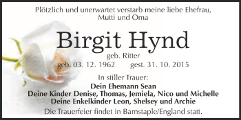Traueranzeige von Birgit Hynd von WVG - Wochenspiegel Bitterfeld