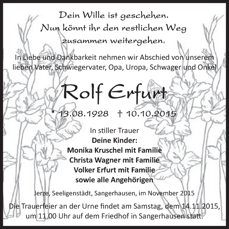  Traueranzeige für Rolf Erfurt vom 07.11.2015 aus Super Sonntag SGH Mansf. Land