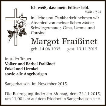 Traueranzeige von Margot Fraißinet von Super Sonntag SGH Mansf. Land