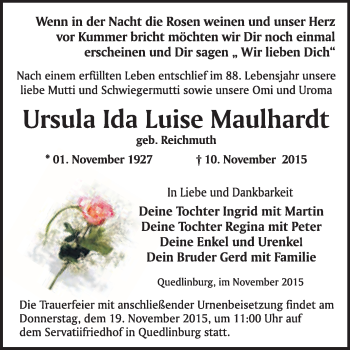 Traueranzeige von Ursula Ida Luise Maulhardt von WVG - Wochenspiegel Quedlinburg