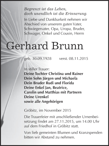 Traueranzeige von Gerhard Brunn von WVG - Wochenspiegel NMB / WSF / ZTZ