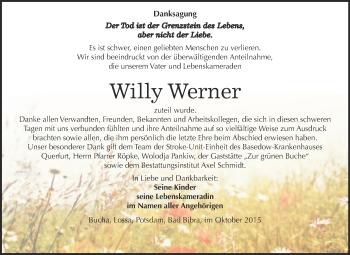 Traueranzeige von Willy Werner von WVG - Wochenspiegel NMB / WSF / ZTZ