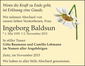 Traueranzeige von Ingeborg Baldsun von Super Sonntag Zeitz