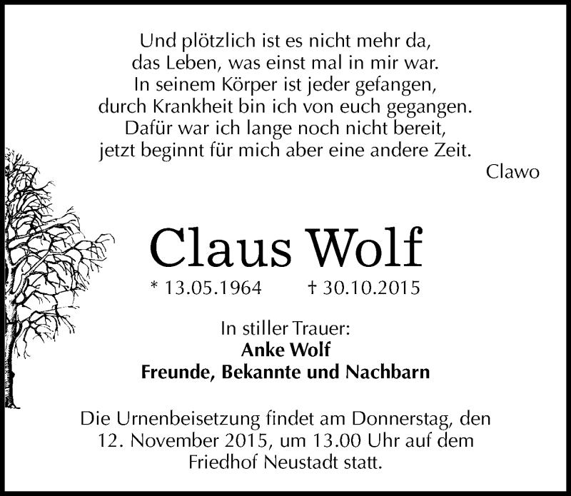  Traueranzeige für Claus Wolf vom 07.11.2015 aus Mitteldeutsche Zeitung Halle/Saalkreis