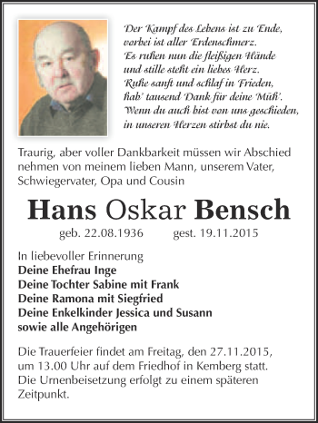 Traueranzeige von Hans Oskar Bensch von Super Sonntag Wittenberg