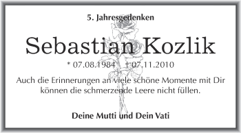 Traueranzeige von Sebastian Kozlik von Super Sonntag Wittenberg