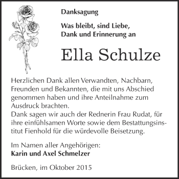 Traueranzeige von Ella Schulze von Super Sonntag SGH Mansf. Land