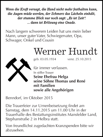 Traueranzeige von Werner Hundt von Wochenspiegel Mansfelder Land