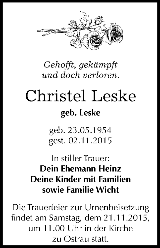  Traueranzeige für Christel Leske vom 14.11.2015 aus Mitteldeutsche Zeitung Halle/Saalkreis