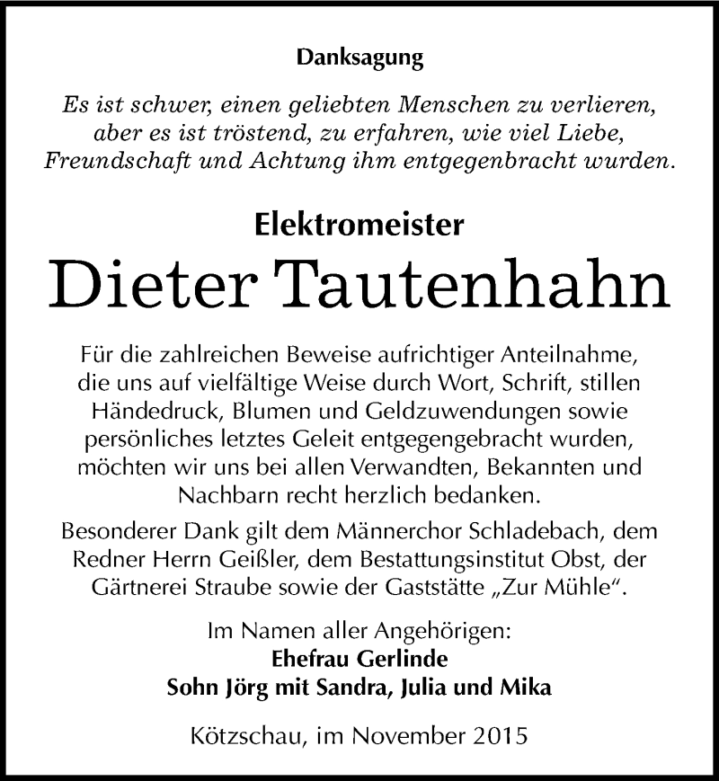  Traueranzeige für Dieter Tautenhahn vom 28.11.2015 aus Mitteldeutsche Zeitung Merseburg/Querfurt