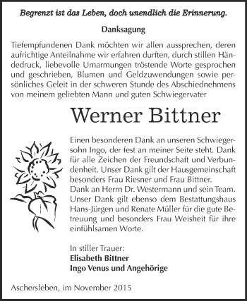 Traueranzeige von Werner Bittner von Super Sonntag Aschersleben