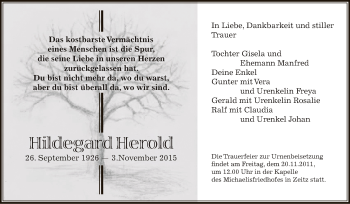 Traueranzeige von Hildegard Herold von Super Sonntag Zeitz