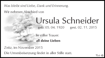 Traueranzeige von Ursula Schneider von Super Sonntag Zeitz