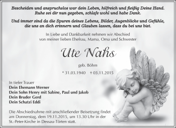 Traueranzeige von Ute Nahs von WVG - Wochenspiegel Dessau / Köthen