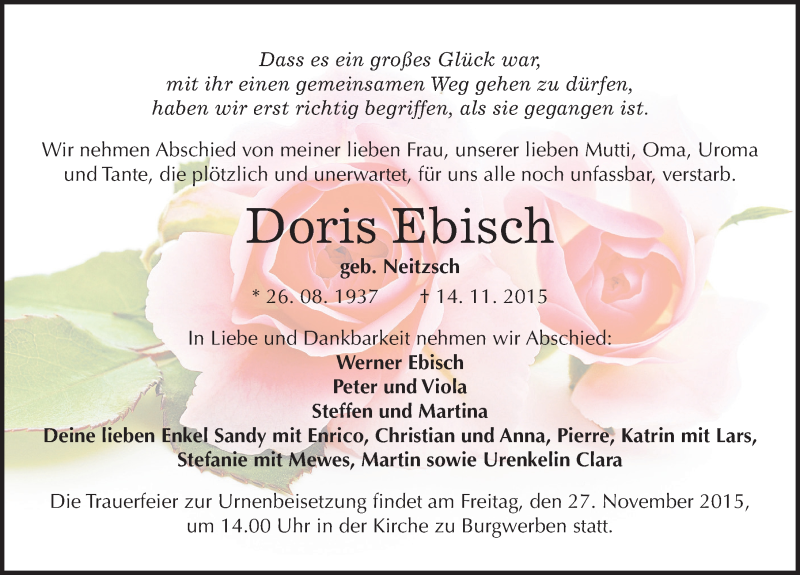  Traueranzeige für Doris Ebisch vom 21.11.2015 aus Mitteldeutsche Zeitung Weißenfels