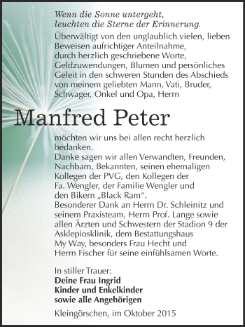 Traueranzeige von Manfred Peter von WVG - Wochenspiegel NMB / WSF / ZTZ