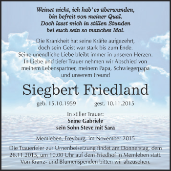 Traueranzeige von Siegbert Friedland von WVG - Wochenspiegel NMB / WSF / ZTZ