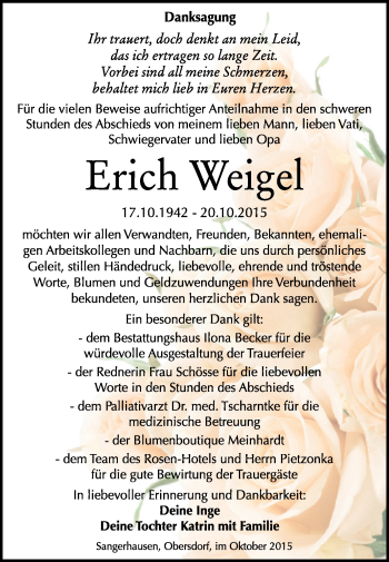 Traueranzeige von Erich Weigel von Super Sonntag SGH Mansf. Land