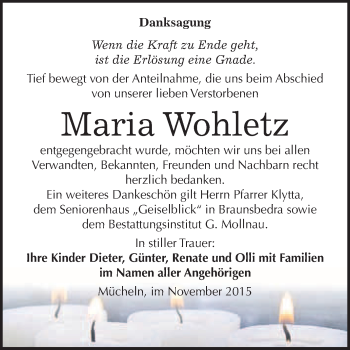 Traueranzeige von Maria Wohletz von WVG - Wochenspiegel Merseburg