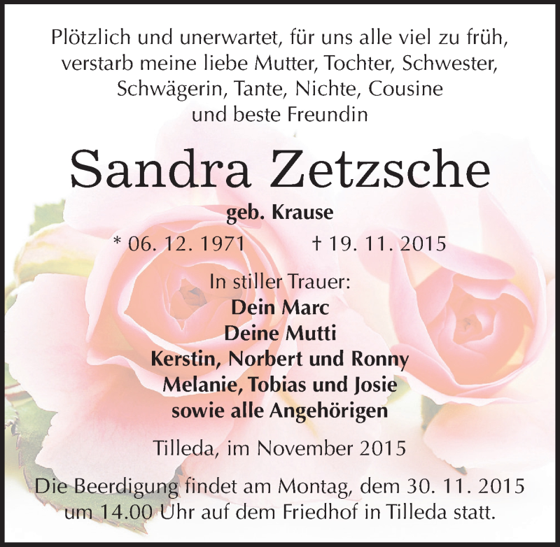  Traueranzeige für Sandra Zetzsche vom 25.11.2015 aus Mitteldeutsche Zeitung Sangerhausen