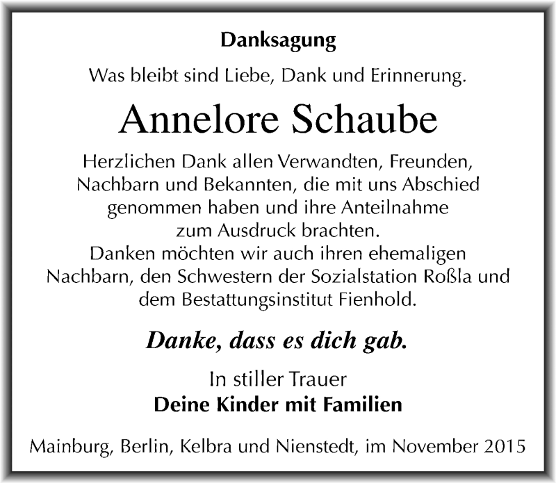  Traueranzeige für Annelore Schaube vom 06.11.2015 aus Mitteldeutsche Zeitung Sangerhausen