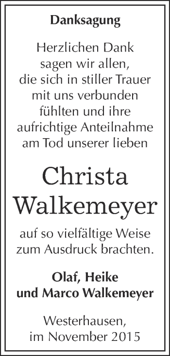 Traueranzeige von Christa Walkemeyer von WVG - Wochenspiegel Quedlinburg
