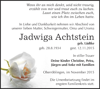 Traueranzeige von Jadwiga Achtstein von Super Sonntag SGH Mansf. Land