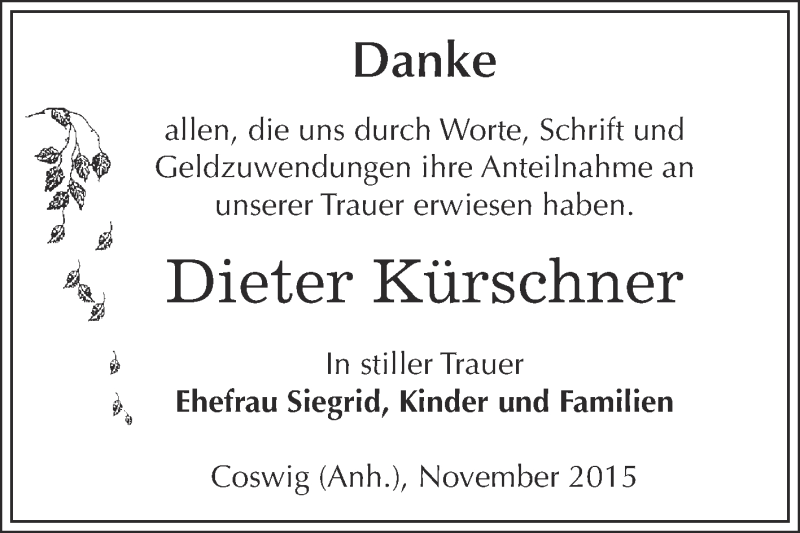  Traueranzeige für Dieter Kürschner vom 14.11.2015 aus WVG - Wochenspiegel Dessau / Köthen