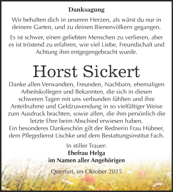Traueranzeige von Horst Sickert von WVG - Wochenspiegel Merseburg