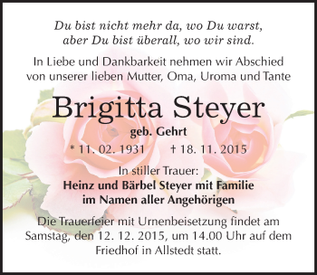 Traueranzeige von Brigitta Steyer von Mitteldeutsche Zeitung Sangerhausen