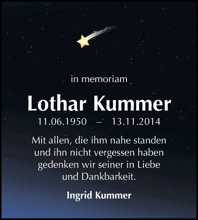  Traueranzeige für Lothar Kummer vom 14.11.2015 aus WVG - Wochenspiegel Dessau / Köthen