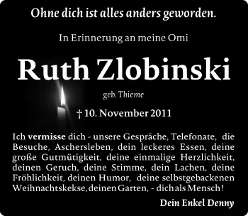 Traueranzeige von Ruth Zlobinski von Mitteldeutsche Zeitung Aschersleben