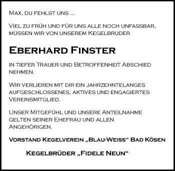 Traueranzeige von Eberhard Finster von Mitteldeutsche Zeitung Naumburg/Nebra