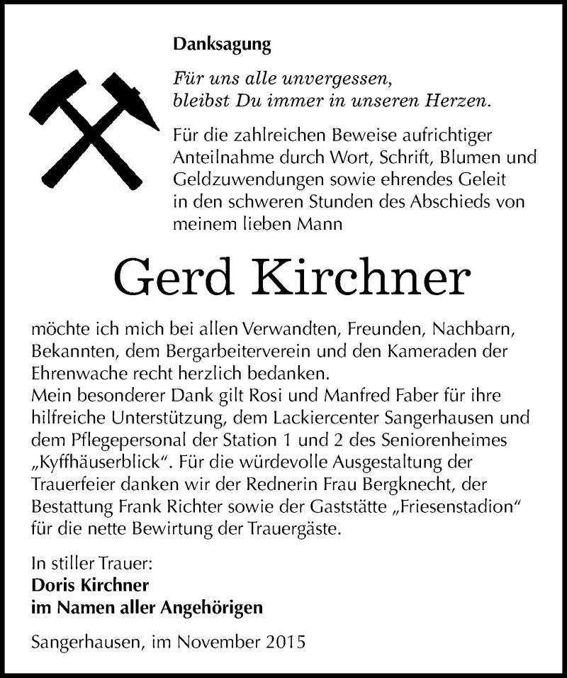  Traueranzeige für Gerd Kirchner vom 12.11.2015 aus Mitteldeutsche Zeitung Sangerhausen