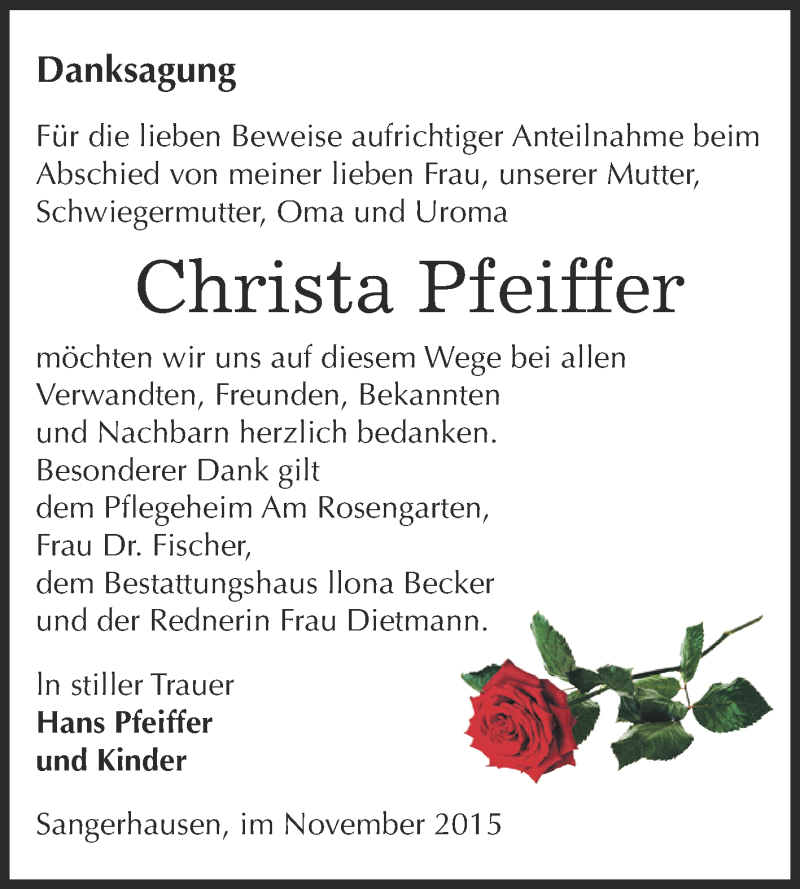  Traueranzeige für Christa Pfeiffer vom 21.11.2015 aus Super Sonntag SGH Mansf. Land