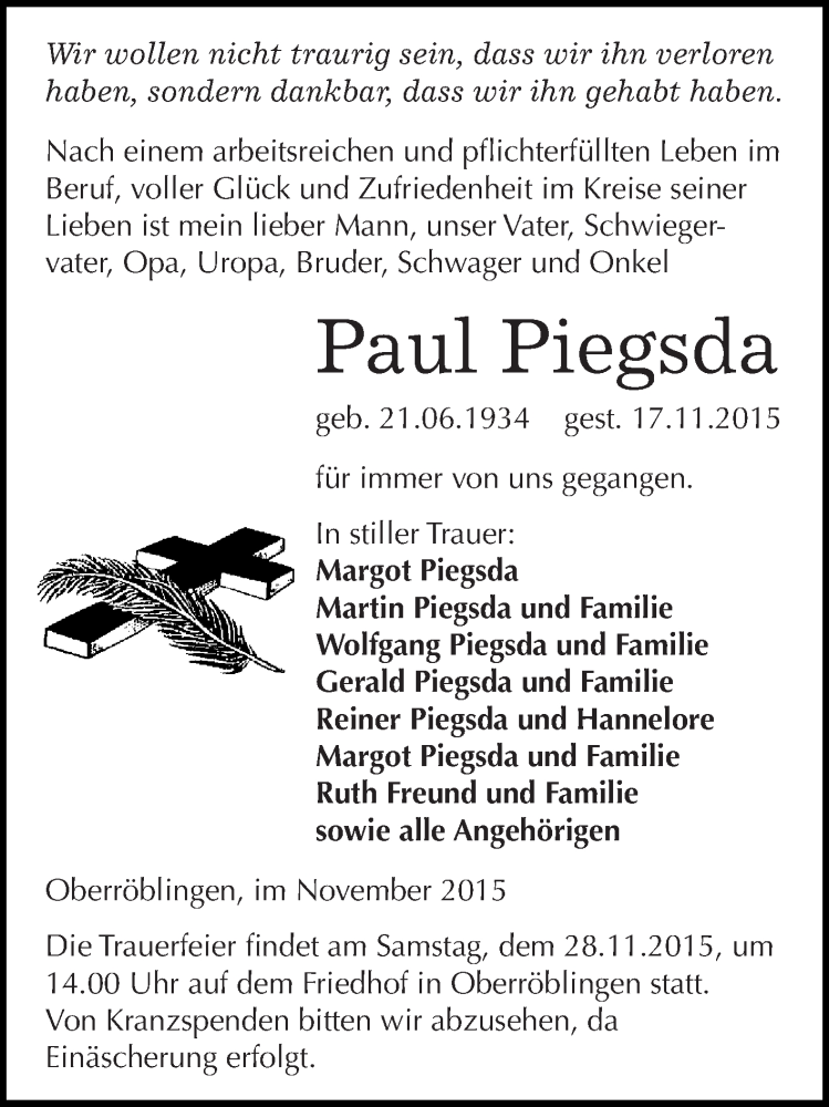  Traueranzeige für Paul Piegsda vom 21.11.2015 aus Super Sonntag SGH Mansf. Land