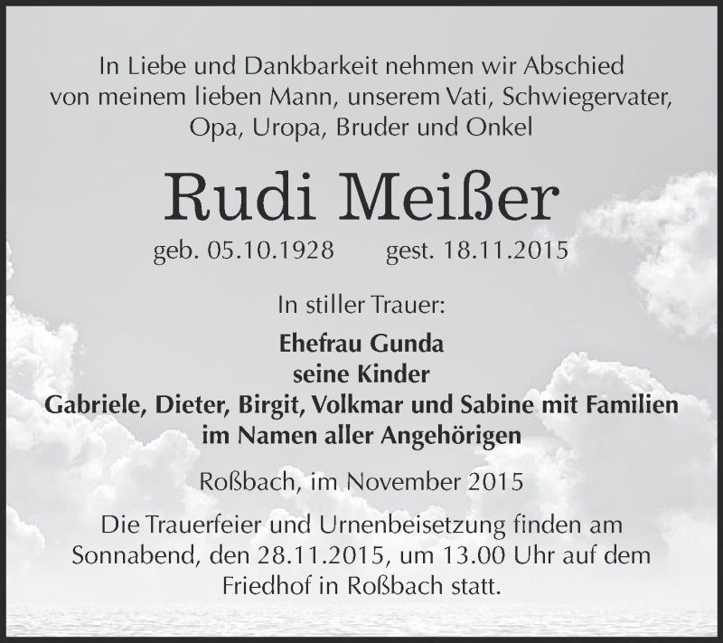 Traueranzeige für Rudi Meißer vom 25.11.2015 aus WVG - Wochenspiegel Merseburg