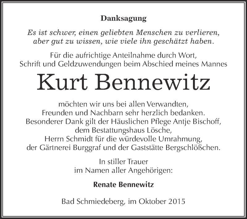  Traueranzeige für Kurt Bennewitz vom 21.11.2015 aus WVG - Wochenspiegel Wittenberg