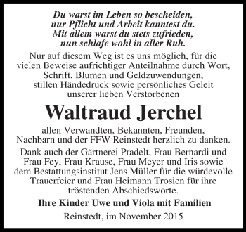 Traueranzeige von Waltraud Jerchel von Super Sonntag Aschersleben