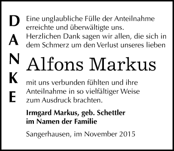 Traueranzeige von Alfons Markus von Mitteldeutsche Zeitung Sangerhausen