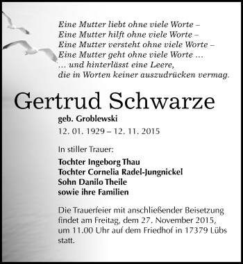 Traueranzeige von Gertrud Schwarze von Mitteldeutsche Zeitung Merseburg/Querfurt