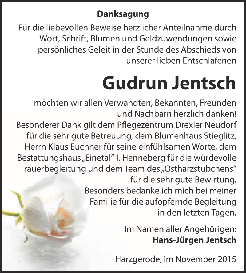  Traueranzeige für Gudrun Jentsch vom 28.11.2015 aus Super Sonntag Quedlinburg