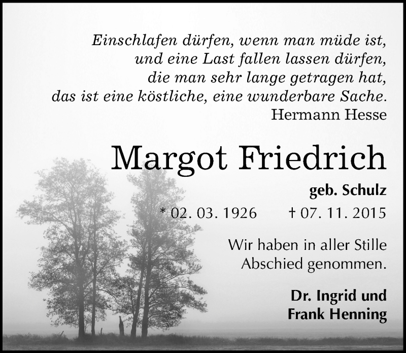  Traueranzeige für Margot Friedrich vom 21.11.2015 aus Mitteldeutsche Zeitung Weißenfels