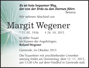 Traueranzeige von Margit Wegener von Mitteldeutsche Zeitung Quedlinburg