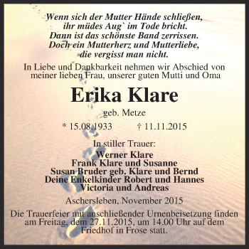 Traueranzeige von Erika Klare von Super Sonntag Aschersleben