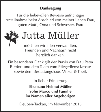 Traueranzeige von Jutta Müller von WVG - Wochenspiegel NMB / WSF / ZTZ