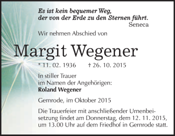 Traueranzeige von Margit Wegener von WVG - Wochenspiegel Quedlinburg