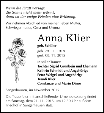 Traueranzeige von Anna Klier von Mitteldeutsche Zeitung Sangerhausen