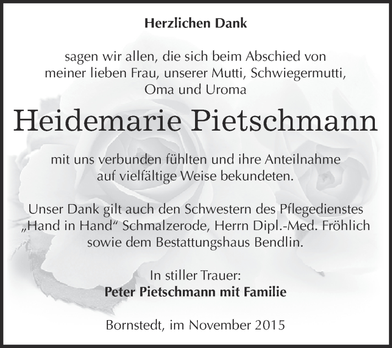  Traueranzeige für Heidemarie Pietschmann vom 28.11.2015 aus Super Sonntag SGH Mansf. Land