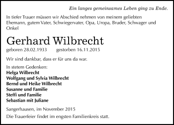 Traueranzeige von Gerhard Wilbrecht von Mitteldeutsche Zeitung Sangerhausen
